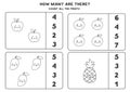 Counting game with cute kawaii fruits. Math worksheet.