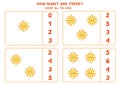 Counting game with cute sun. Math worksheet.