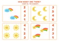 Counting game with cute sun, moon, star, cloud. Math worksheet Royalty Free Stock Photo