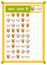 Counting game, education game for children. Count how many farm animals in each row and write the result