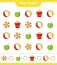 Counting game, how many Beach Ball, Coconut, Beach Umbrella, and Sand Bucket. Educational children game, printable worksheet, Royalty Free Stock Photo