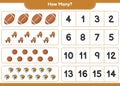 Counting game, how many Hockey Helmet, Roller Skate, Basketball, and Soccer Ball. Educational children game, printable worksheet,