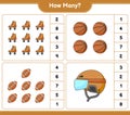 Counting game, how many Hockey Helmet, Roller Skate, Basketball, and Soccer Ball. Educational children game, printable worksheet,