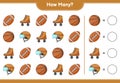 Counting game, how many Hockey Helmet, Roller Skate, Basketball, and Soccer Ball. Educational children game, printable worksheet,