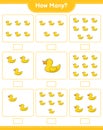 Counting game, how many Rubber Duck. Educational children game, printable worksheet, vector illustration