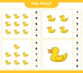 Counting game, how many Rubber Duck. Educational children game, printable worksheet, vector illustration