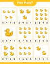 Counting game, how many Rubber Duck. Educational children game, printable worksheet, vector illustration