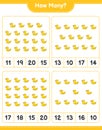 Counting game, how many Rubber Duck. Educational children game, printable worksheet, vector illustration