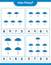 Counting game, how many Umbrella. Educational children game, printable worksheet, vector illustration