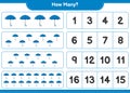 Counting game, how many Umbrella. Educational children game, printable worksheet, vector illustration