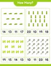 Counting game, how many Water Bottle, Tennis Racket, Soccer Shoes and Dumbbell. Educational children game, printable worksheet, Royalty Free Stock Photo