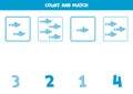 Counting game for kids. Count all blue sharks and match with numbers. Worksheet for children