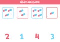 Counting game for kids. Count all rubber erasers and match with numbers. Worksheet for children.