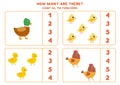 Counting game for kids. Cute carton farm birds.