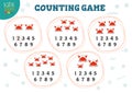 Counting game with many cartoon red crabs for preschools kids vector illustration