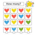 Counting game for preschool children. Count as many hearts in the picture and write down the result. With a place for answers. Royalty Free Stock Photo