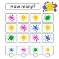 Counting game for preschool children. Count as many spots on the picture and write down the result. With a place for answers.