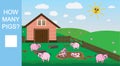 Counting game for preschool children. Count how many pigs, educational mathematical game. Vector illustration.