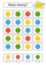 Counting game for preschool children for the development of mathematical abilities. How many circles of different colors. With a p