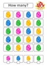 Counting game for preschool children for the development of mathematical abilities. How many eggs of different colors. With a plac