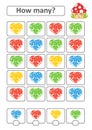 Counting game for preschool children for the development of mathematical abilities. How many hearts of different colors. With a pl