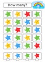 Counting game for preschool children for the development of mathematical abilities. How many stars of different colors. With a pla