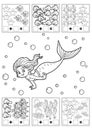 Counting Game for Preschool Children. Educational a mathematical game. Addition worksheets, mermaid and fish