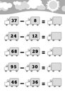 Counting Game for Preschool Children. Educational a mathematical game. Subtraction worksheets, trucks