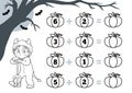 Counting Game for Preschool Children. Halloween characters, devil. Educational a mathematical game. Addition worksheets