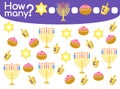Counting game with Hanukkah symbols for preschool children vector illustration