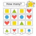 Counting game for preschool children. Heart, square, circle, triangle. With a place for answers. Simple flat isolated vector