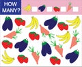 Counting game for preschool children. How many fruits, berries and vegetables.