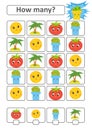 Counting game for preschool children. The study of mathematics. How many characters in the picture. Moon, palm, tomato, flower pot