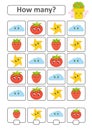 Counting game for preschool children. The study of mathematics. How many characters in the picture. With a place for answers. Simp