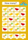 Counting game for preschool children. The study of mathematics. How many fruits in the picture.Banana, pineapple, watermelon,