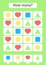 Counting game for preschool children. The study of mathematics. How many items in the picture. Circle, heart, square, triangle.