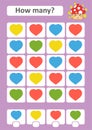 Counting game for preschool children. The study of mathematics. How many items in the picture. Color hearts. With a place for Royalty Free Stock Photo