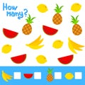 Counting game for preschool children. The study of mathematics numbers. How many fruits in the picture. Banana, lemon, pineapple,