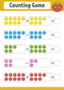 Counting game for preschoolers. Educational mathematical game on addition and subtraction. Active worksheet for kids. Bright vecto Royalty Free Stock Photo