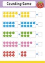 Counting game for preschoolers. Educational mathematical game on addition and subtraction. Active worksheet for kids. Bright vecto