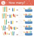 Counting game with stationery and pencil case. Back to school math activity for preschool children. Autumn math worksheet.