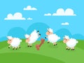 Counting jumping sheeps for goodnight sleep. Sheep jump over fence for insomnia vector concept illustration