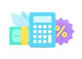 Counting percentage of regular mortgage payment with calculator and stack of cash currency dollar