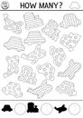 Counting and shape recognition black and white game with cute transport. Math and shadow matching line activity for kids. Royalty Free Stock Photo