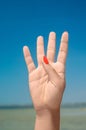 Counting woman hand. Hand gesture with sea on background