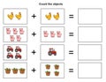 Counting worksheet for kids with farm objects and simple addition - Count the object Royalty Free Stock Photo