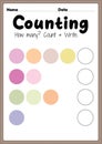 Counting worksheet, math printable sheet for preschool and kindergarten kids activity to learn basic mathematics count and write
