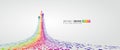 Countless colorful particles form a rainbow-shaped arrow, symbolizing rise and development, vector graphics