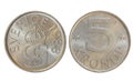 Countries` old coins, year 1988, 5 kronop Royalty Free Stock Photo