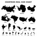 Countries real size chart icons set, simple style